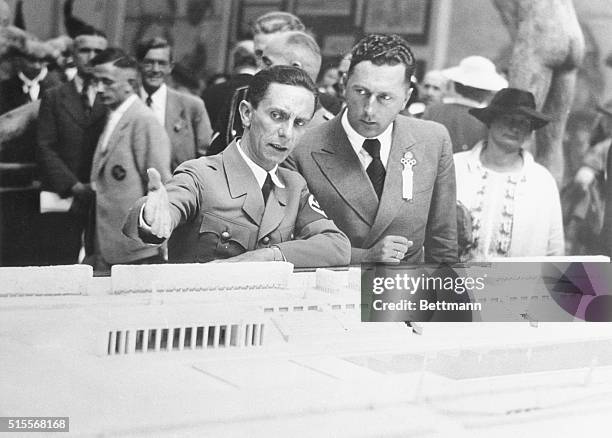 Olympic art exhibit opens. Reich minister Dr. Goebbels and Hans Schweitzer, Reich commissioner of art, pictured inspecting the Olympic art exhibit...