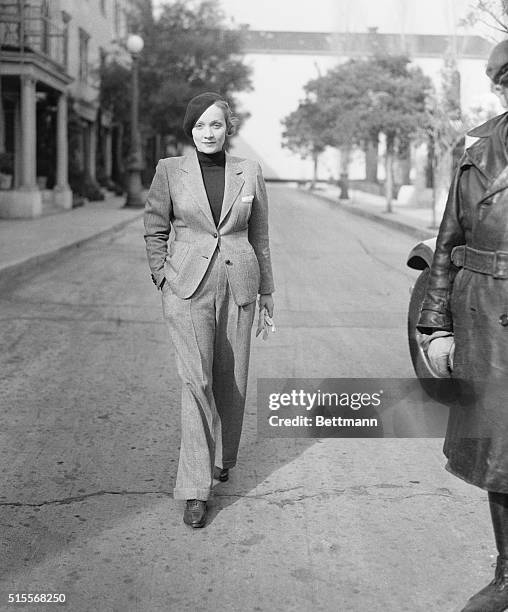 Marlene Dietrich leaving the Paramount Studio after a day's work.