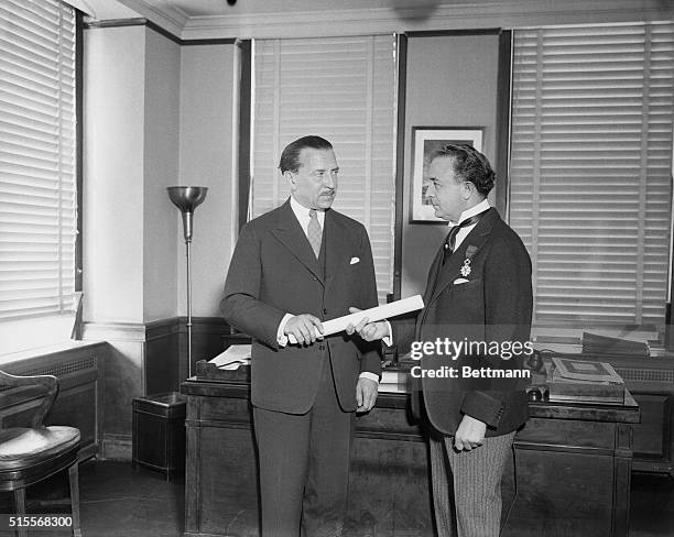 Count de Ferry de Fontnouvelle , French Consul General in New York presents certificate and the decoration of the Knights of the Legion of Honor of...