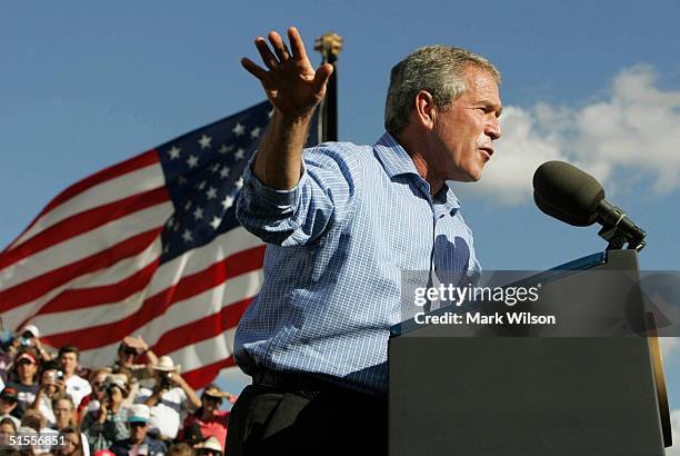 President George W. Bush speaks to supporters during a rally at Alamogordo High School, October 24, 2004 in Alamogordo, New Mexico. Recent polls show...