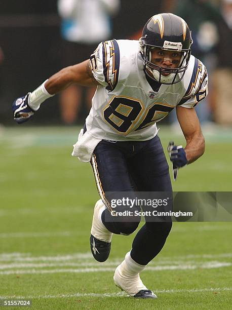Keenan McCardell of the San Diego Chargers runs a route against the Carolina Panthers in a game on October 24, 2004 at Bank Of America Stadium in...
