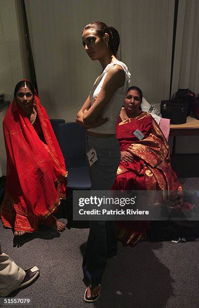 Contestants wait in the green room before the 2004 Miss India Australia Pageant at the Sir John Clancy Auditorium October 24, 2004 in Sydney,...