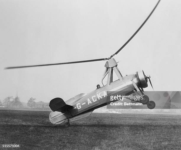 The wingless type of autogyro designed and constructed by Juan De La Cierva, the inventor of this type of aircraft, is shown during its first test...