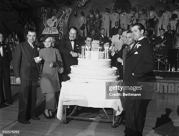 March 2, 1934 - Culvert City, California: Left to right, Lyle Talbot, Alice Faye, Monte Blue, Jack LaRue, Lou Cody, George Raft and Frank Sebastian.