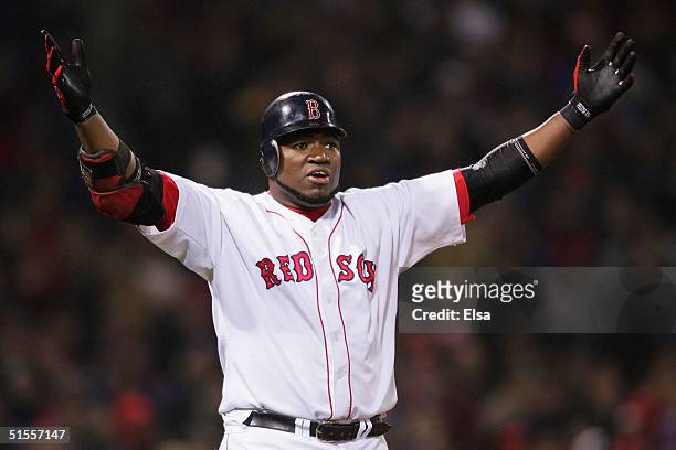 David Ortiz of the Boston Red Sox reacts to the foul ball call during fifth inning of game two of the World Series against the St. Louis Cardinals on...