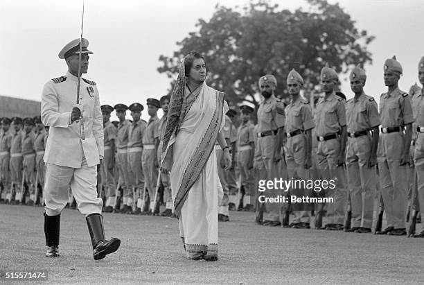 Indian Prime Minister Indira Gandhi inspects the Guard of Honor at the Red Fort on India Republic Day.