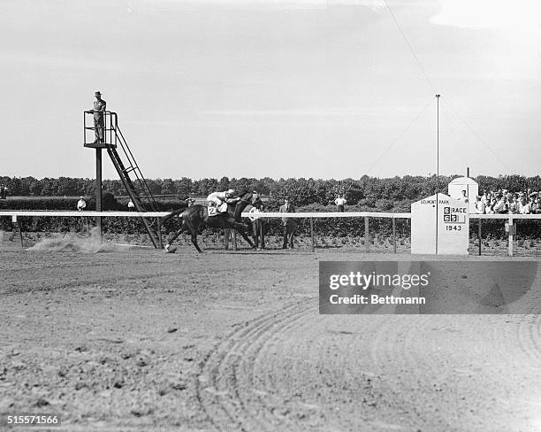 June 5, 1943 - New York City; Here's Count Fleet, with Johnny Longden up, scoring another uncontested victory in the $25,000 added Belmont Stakes at...