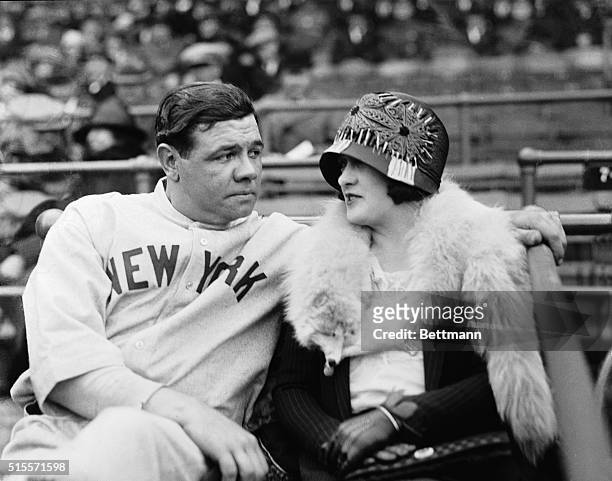 Massachusetts: Babe and Mrs. George Herman Ruth, at Boston, just before the opening game of the 1924 season. The Bam brought the Mrs. To the edge of...
