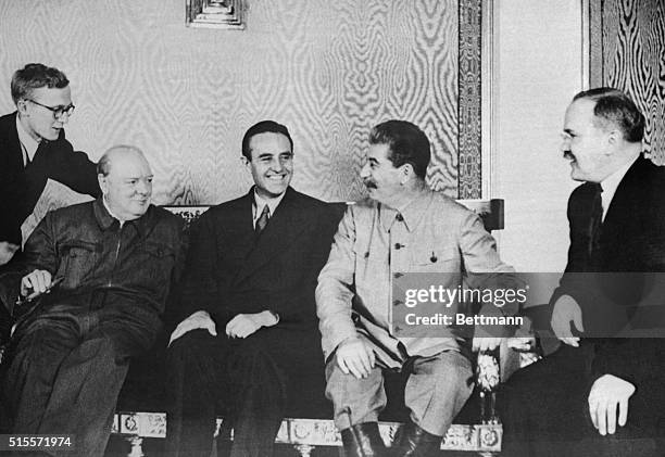 Winston Churchill, W. Averell Harriman, Joseph Stalin, and V.M. Molotov , at the Kremlin during Churchill's visit in August of 1942.