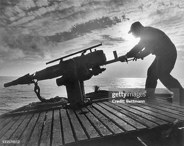 The low sun silhouettes a whaler as he takes aim with his harpoon gun on the commercial whaling ship, Sioux City. Commercial whaling in the United...