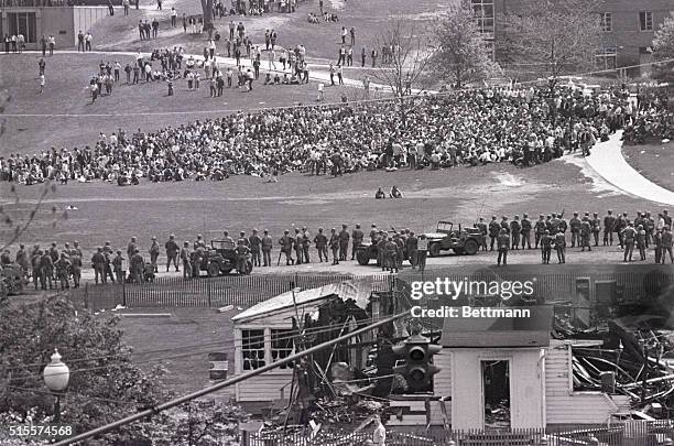 National guardsmen fire tear gas at students on campus of Kent State University in this May 4, 1970 photo.