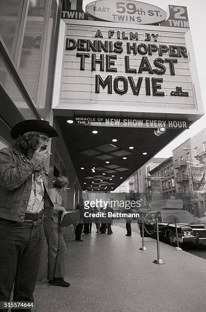 New York: Actor Dennis Hopper checks on a theatre where his new movie, The Last Movie, opened September 29th. Hopper is cast as a mythic film cowboy...