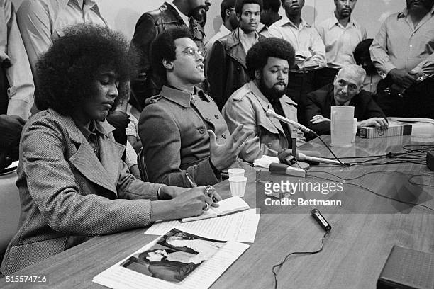 View of Black Panther Party leader Huey P Newton during a press conference, San Francisco, California, October 8, 1971. He had just returned from...