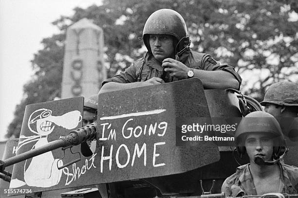 Tay Ninh, S. Vietnam: Phrase on gun mount protective shield probably accurately expresses thoughts of GI tank crew member as elements of US armored...