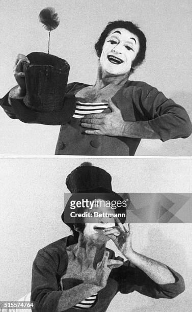 Marcel Marceau, the famous French mime, acts out the process of awakening while portraying his clown character Bip at the photography studio of...