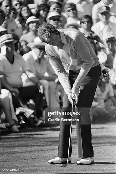 Masters third round leader Tom Weiskopf rams home his birdie putt on the 16th green to tie Jack Nicklaus. Weiskopf picked up another bird, giving him...