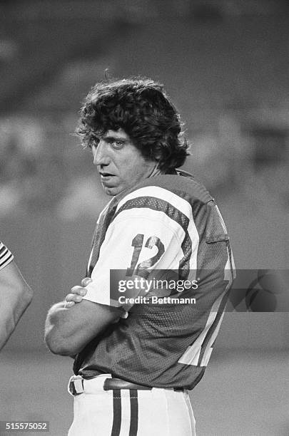 Jets quarterback Joe Namath, watches from the sideline as the New York Jets were walloped by the Oakland Raiders 41-17 8/13 at Yankee Stadium. Namath...