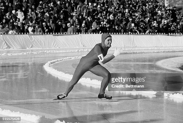 American speed skater Sheila Young skates to a silver medal in the women's 1,500 meters event at the 1976 Winter Olympics in Innsbruck, Austria....
