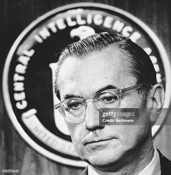 Director William Colby gives an interview to the press at the CIA compound in Langley, Virginia, about a dispute with the House Select Committee on...