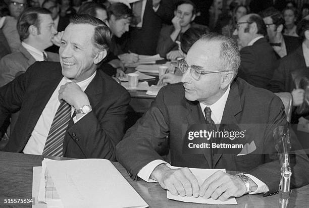 Harold S. Geneen, president of International Telephone and Telegraph Corp., attends a session of the Senate Judiciary Committee meetings in...