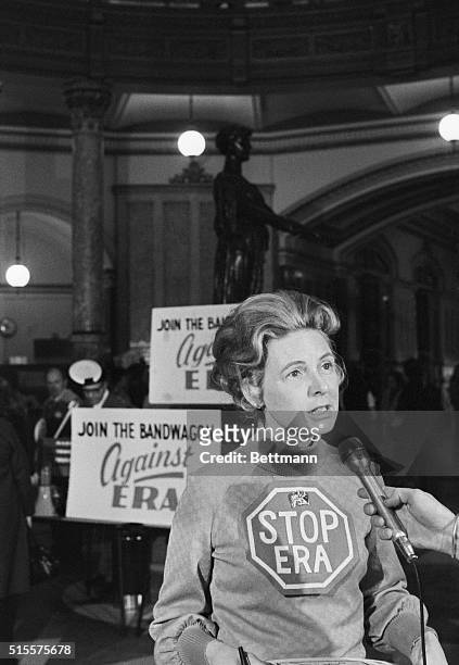 Phyllis Schlafly, national leader of the "Stop the Equal Rights Amendment" movement talks with reporters 3/4/75 during a rally at the Illinois State...