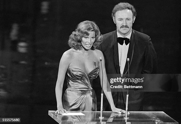 Raquel Welch and Gene Hackman shown on stage at the 45th Annual Academy Awards, 3/27/73.
