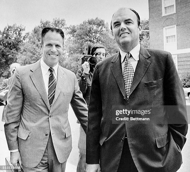 Haldeman and Erlichson, both ex-presidential aides of President Nixon, arrive at the Dirksen Senate Building to testify on their knowledge of the...