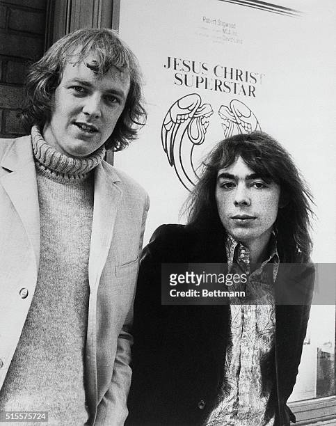 Portrait of Tim Rice and Andrew Lloyd Webber, the lyricist and composer of Jesus Christ Superstar stand in front of a poster in New York.