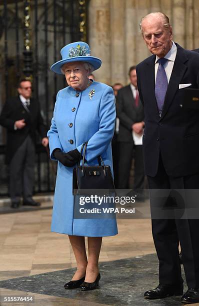 Queen Elizabeth II and Prince Philip, Duke of Edinburgh arrive at the annual Commonwealth Day service on Commonwealth Day on March 14, 2016 in...