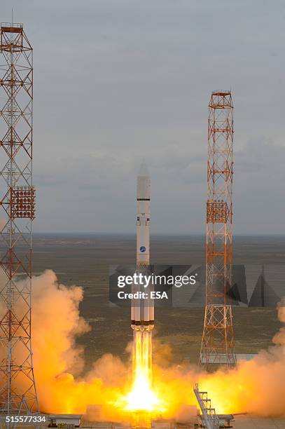 In this handout photo provided by the European Space Agency , the ExoMars 2016 lifts off on a Proton-M rocket at Baikonur cosmodrome on March 14,...