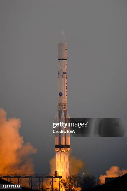 In this handout photo provided by the European Space Agency , the ExoMars 2016 lifts off on a Proton-M rocket at Baikonur cosmodrome on March 14,...