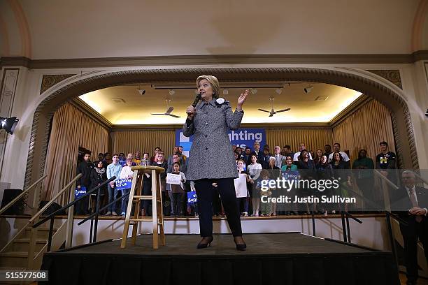 Democratic presidential candidate Hillary Clinton speaks during a "Get Out the Vote" event at the Chicago Journeymen Plumbers Local Union on March...