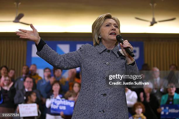 Democratic presidential candidate Hillary Clinton speaks during a "Get Out the Vote" event at the Chicago Journeymen Plumbers Local Union on March...