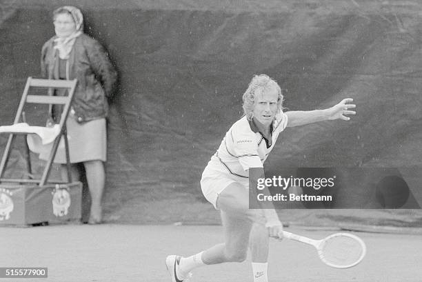 Dallas: Vitas Gerulaitis slices a drop shot over the net, good for point, as he comes from two sets down to defeat Poland's Wojtek Fibak...