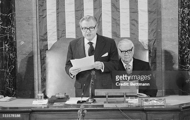 Vice President Nelson Rockefeller announces the official Electoral College results to a joint session of Congress on January 6, 1977. Jimmy Carter...