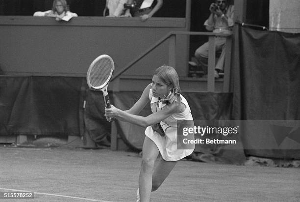 Teenager Chris Evert swings her racket with her two-handed backhand to win an opening round of the US Open Tennis Championships in 1971.