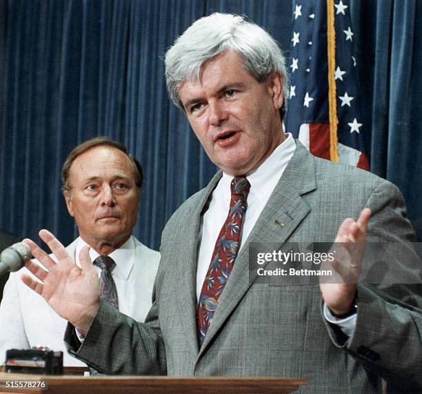 Rep. Newt Gingrich speaks to reporters about a proposed federal gas tax during a press conference in Washington, D.C.