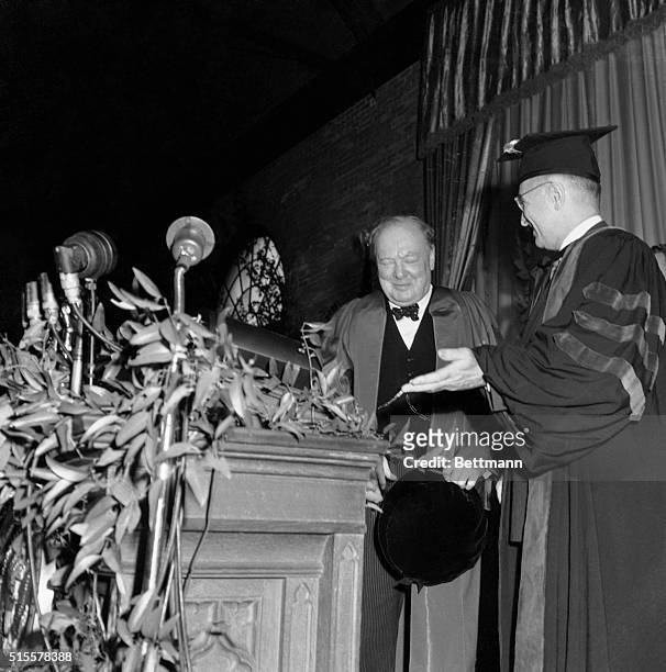 President Harry Truman introduces Winston Churchill, who a year before was Prime Minister of Great Britain, before his speech at Westminster College...