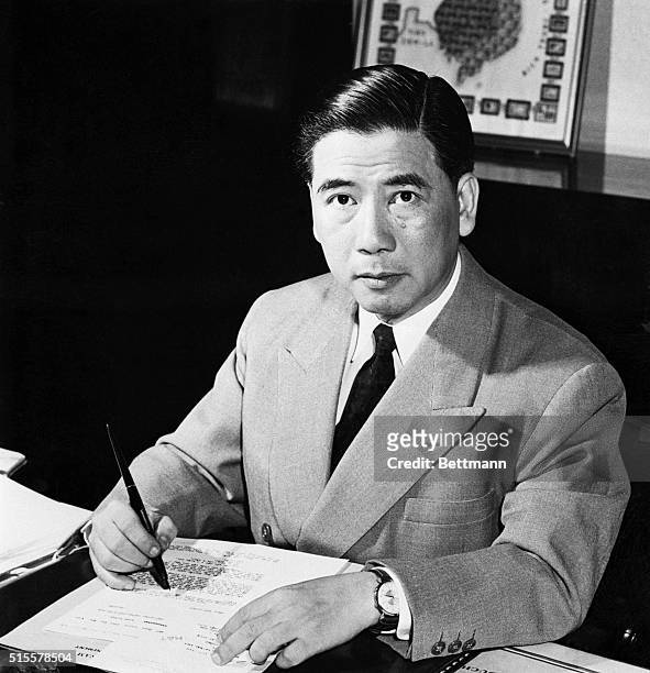 Saigon, Vietnam: President Ngo Dinh Diem of South Vietnam seated at desk in Independence Palace in Saigon. The 57-year-old bachelor, a dedicated foe...