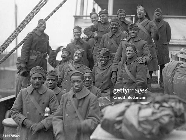 The arrival of the 369th Black infantry regiment in New York after World War I. Undated photograph.