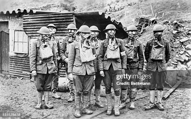 Combating German frightfulness. The members of the AM expeditionary forces in the 1st line trenches at the Lorraine section, during WWI, were fully...