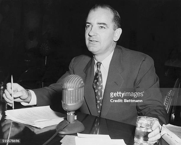 Sen. Joseph McCarthy testifies before the Senate Sub Committee in an effort to link Senator Benton to State Department communists. Undated...