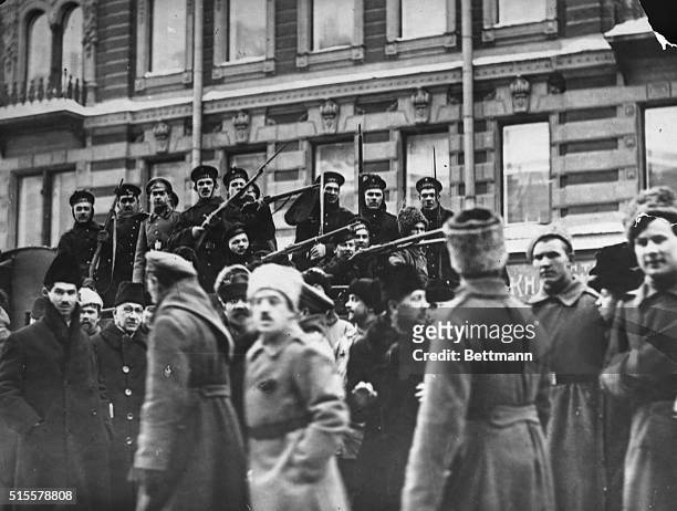 Russian Revolution 1917: Seamen from the cruiser, Aurora, keeping order with fixed bayonets.
