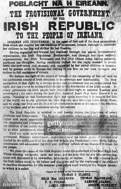 The Poblacht Na H Eireann, the proclamation of the Irish Republic, by the leaders of 1916 Easter Rising, whose names are at the bottom.