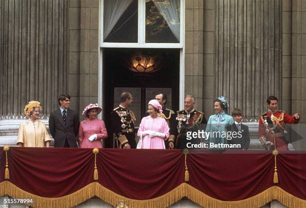 London, England: The Royal Family on the balcony at Buckingham Palace. From left to right: Prince Charles, Prince Edwards, Princess Anne, Earl...