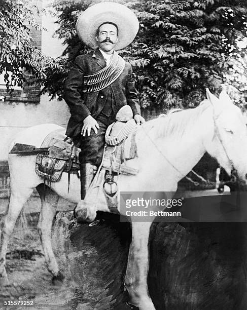 Portrait of Mexican revolutionary Pancho Villa on horseback. Undated photograph.