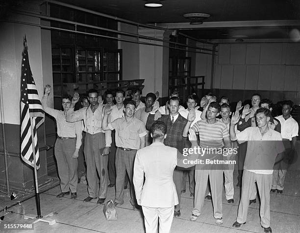 New York, NY: Inductees and pre-inductees shown as they arrived at grand Central Palace, some for induction and some for Pre-induction physical...