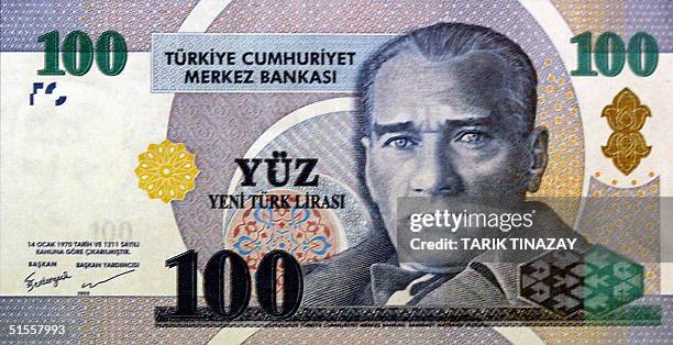 Picture show a sample of the new Turkish lira with a picture of the founder of the Turkish Republic and its first president, Mustafa Kemal Ataturk,...