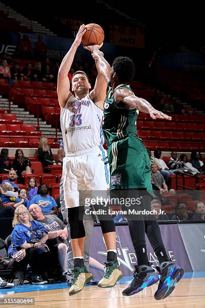 Mitch McGary of the Oklahoma City Blue shoots the ball against the Reno Bighorns during an NBA D-League game on March 12, 2016 at the Cox Convention...