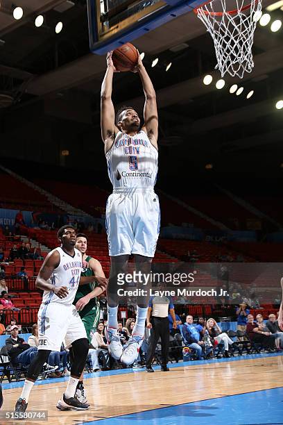 Kameron Woods of the Oklahoma City Blue drives to the basket against the Reno Bighorns during an NBA D-League game on March 12, 2016 at the Cox...